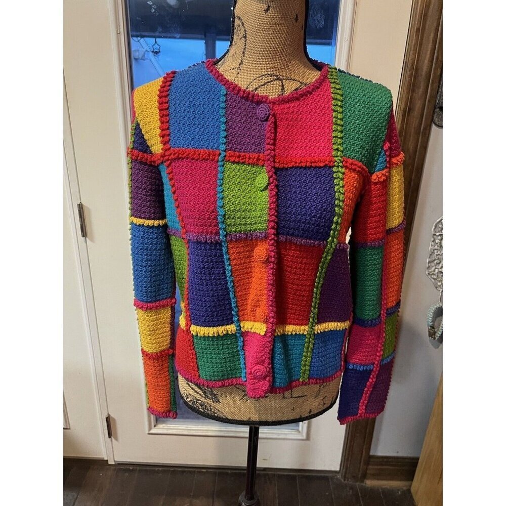 Vintage 1998 Michael Simon Multicolor Patchwork Cardigan Sweater Size M NYE Rare